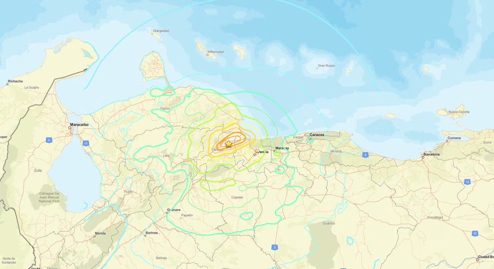 Mapa de intensidad sísmica del terremoto en Venezuela