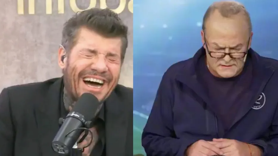 Roberto Peña imitando a Marcelo Bielsa frente a Marcelo Tinelli en un set de televisión.